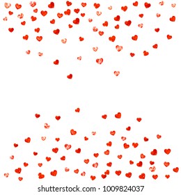 Heart Border For Valentines Day With Red Glitter. February 14th Day. Vector Confetti For Heart Border Template. Grunge Hand Drawn Texture. Love Theme For Voucher, Special Business Ad, Banner.