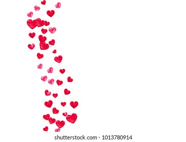 Heart border for Valentines day with red glitter. February 14th day. Vector confetti for heart border template. Grunge hand drawn texture. Love theme for voucher, special business ad, banner.