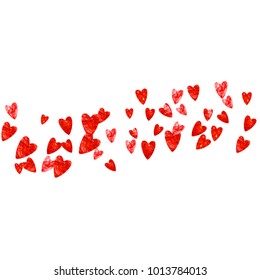 Heart border for Valentines day with red glitter. February 14th day. Vector confetti for heart border template. Grunge hand drawn texture. Love theme for voucher, special business ad, banner.
