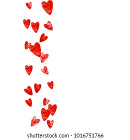 Heart border for Valentines day with red glitter. February 14th day. Vector confetti for heart border template. Grunge hand drawn texture. Love theme for gift coupons, vouchers, ads, events.