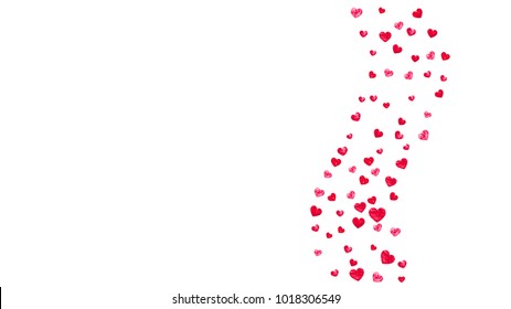 Heart border for Valentines day with red glitter. February 14th day. Vector confetti for heart border template. Grunge hand drawn texture. Love theme for party invite, retail offer and ad.