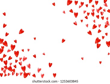 Heart border for Valentines day with red glitter. February 14th day. Vector confetti for heart border template. Grunge hand drawn texture. Love theme for voucher, special business ad, banner.