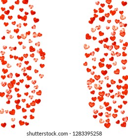 Heart border for Valentines day with red glitter. February 14th day. Vector confetti for heart border template. Grunge hand drawn texture. Love theme for poster, gift certificate, banner.