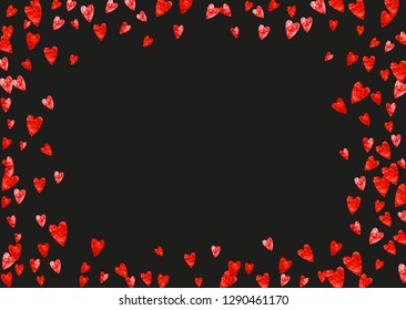 Heart border for Valentines day with red glitter. February 14th day. Vector confetti for heart border template. Grunge hand drawn texture. Love theme for special business offer, banner, flyer.