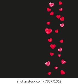 Heart border for Valentines day with red glitter. February 14th day. Vector confetti for heart border template. Grunge hand drawn texture. Love theme for flyer, special business offer, promo.