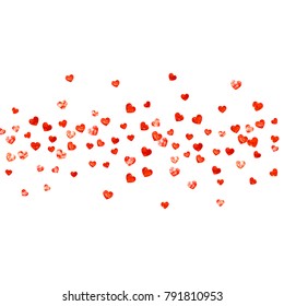 Heart border for Valentines day with red glitter. February 14th day. Vector confetti for heart border template. Grunge hand drawn texture. Love theme for party invite, retail offer and ad.