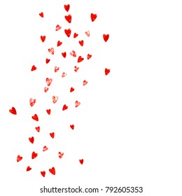 Heart border for Valentines day with red glitter. February 14th day. Vector confetti for heart border template. Grunge hand drawn texture. Love theme for gift coupons, vouchers, ads, events.