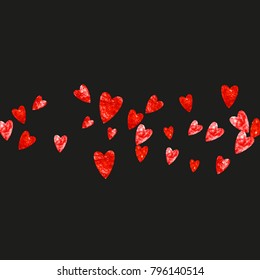 Heart border for Valentines day with red glitter. February 14th day. Vector confetti for heart border template. Grunge hand drawn texture. Love theme for flyer, special business offer, promo.