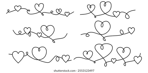 Heart borders set. Continuous line art heart banner or divider.