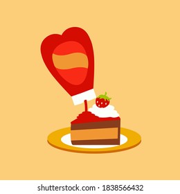 heart bottle shaped cartoon isolated of strawberry syrup icon or cherries Pouring on a fat whipped cream vector. i love hot chocolate cake symbol flat design. ready to eat slice dream of Layers cake 