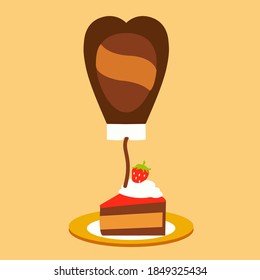 heart bottle shaped cartoon isolated of chocolate syrup icon or cherries Pouring on a fat whipped cream vector. i love hot strawberry cake symbol flat design. ready to eat slice dream of Layers cake