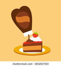 heart bottle shaped cartoon isolated of chocolate syrup icon or cherries Pouring on a fat whipped cream vector. i love hot strawberry cake symbol flat design. ready to eat slice dream of Layers cake