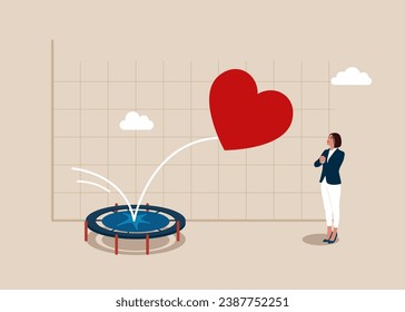 Heart bounce back on the trampoline rising up on graph. Open for new relationship. Modern vector illustration in flat style