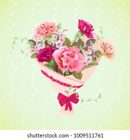 Heart with bouquet of pink, red flowers. Valentine's Day card. Carnation schabaud, spring blossom (branches apple tree flowers), buds, leaves, green background. Digital draw, watercolor style, vector