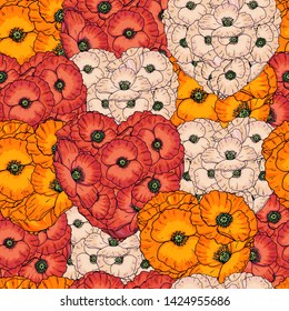 Heart bouquet seamless pattern made from white, red and orange poppy flowers, romantic shape for wedding or valentine day. Vector hand drawn illustration.