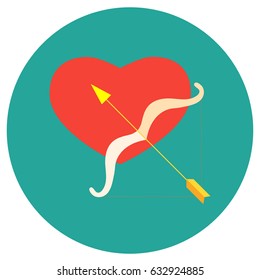 Heart and bow with arrow. Icons in a flat style on a round background. Vector image. Element of design, interface.