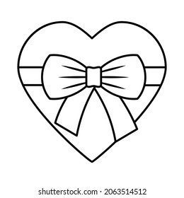 heart with bow black outline on white background, symbol of love, flat vector illustration