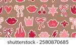 Heart, bow and kiss lips pattern. Cutout paper seamless background for Valentine day. Cute crayon vector print. Cherry heart bow kiss flower in pink, red and mocha mousse color pattern. Love shapes bg