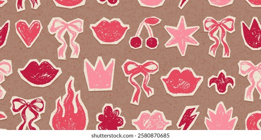 Heart, bow and kiss lips pattern. Cutout paper seamless background for Valentine day. Cute crayon vector print. Cherry heart bow kiss flower in pink, red and mocha mousse color pattern. Love shapes bg