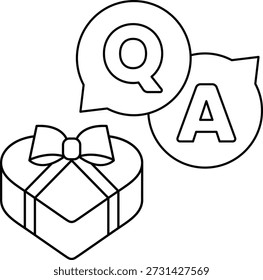 A heart with a bow is next to a box with a question mark and an A. The image is about a gift and a question