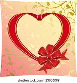 Heart with bow from red ribbon  on a yellow background