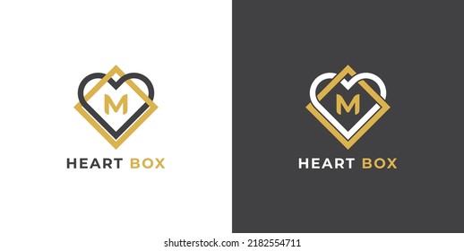 Heart Box Logo Concept sign icon symbol Design with Letter M. Medical Health Care logo Design. Vector illustration logo template