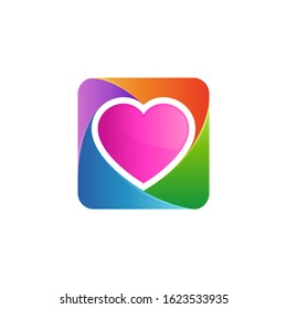Heart In Box Logo Design, Love And Giving Vector Icon Illustration, Colorful Style, Camera Lens Logo