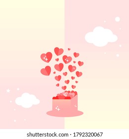 Heart box pink card. Happy sending cards. Box to send love and warmth. Send hearts and happiness to loved ones. Heart icon. Illustration vector.