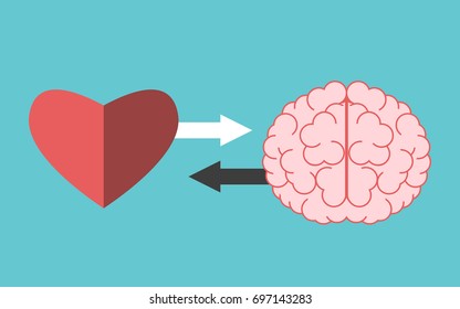 Heart and brain with arrows on turquoise blue. Interaction, connection, creativity, logic, intelligence and emotion concept. Flat design. EPS 8 vector illustration, no transparency, no gradients