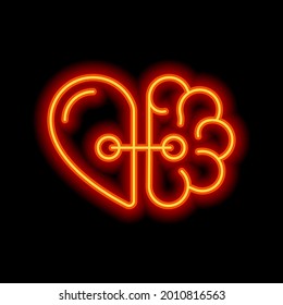 Heart and brain, balance between emotion and logic. Orange neon style on black background. Light linear icon with editable stroke