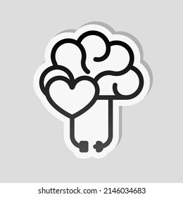 Heart and brain, balance between emotion and logic. Linear sticker, white border and simple shadow on gray background