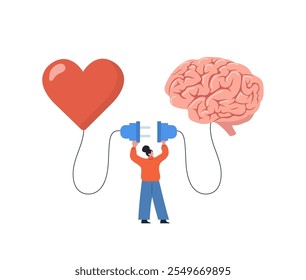 Heart and Brain Balance. Control feeling and emotion concept. Woman connect heart feeling with logical thinking brain. Vector illustration in flat cartoon style.