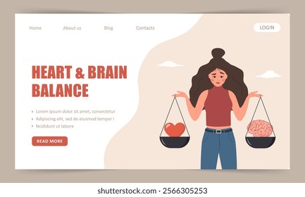 Heart and Brain Balance. Landing page template. Woman holding scales with brain and heart in hands. Control feeling and emotion concept. Vector illustration in flat cartoon style.