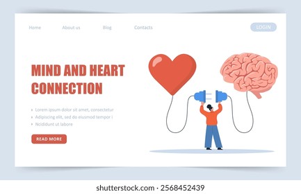 Heart and Brain Balance. Landing page template. Woman connect heart feeling with logical thinking brain. Control feeling and emotion concept. Vector illustration in flat cartoon style.