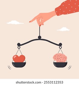 Heart and Brain Balance. Mental and Physical Health concept. Control feeling and emotion. Female hand holding scales. Flat design. Vector illustration in cartoon style.