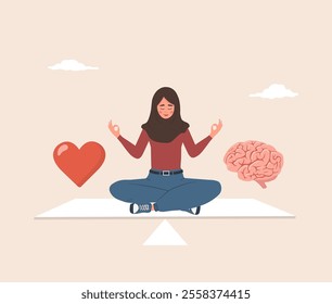 Heart and Brain Balance. Mental and Physical Health concept. Young arab woman control feeling and emotion. Flat design. Vector illustration in cartoon style.