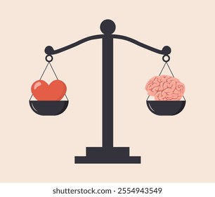 Heart and Brain Balance. Rational reasonable and emotional choice. Brain and heart on seesaw. Flat design. Vector illustration in cartoon style.