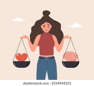 Heart and Brain Balance. Rational reasonable and emotional choice. Cartoon Female character looking at brain and heart on seesaw. Flat Vector illustration.