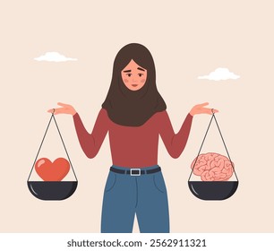 Heart and Brain Balance. Rational reasonable and emotional choice. Cartoon Islamic Female character looking at brain and heart on seesaw. Flat Vector illustration.