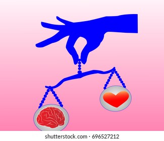 Heart and brain balancing on a scale by a hand. Logic and emotion balance, mindfulness concept illustration vector.
