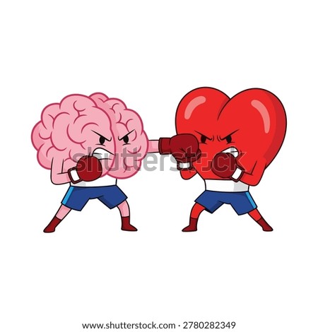 Heart and Brain are in a boxing pose mid fight. The pink Brain is throwing punches with its dark red boxing gloves while the red Heart is in a defensive position. Flat vector mascot design.