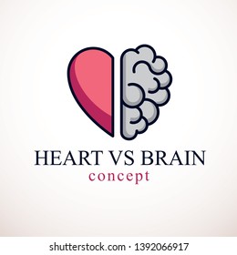 Heart and Brain concept, conflict between emotions and rational thinking, teamwork and balance between soul and intelligence. Vector logo or icon design.