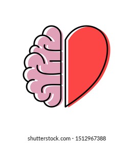 Heart and brain concept. Conflict between emotions and rational thinking, teamwork and balance between soul and intelligence. Flat style. Isolated on white background. 