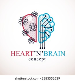 Heart and Brain concept, conflict between emotions and rational thinking, teamwork and balance between soul and intelligence. Vector logo or icon design.