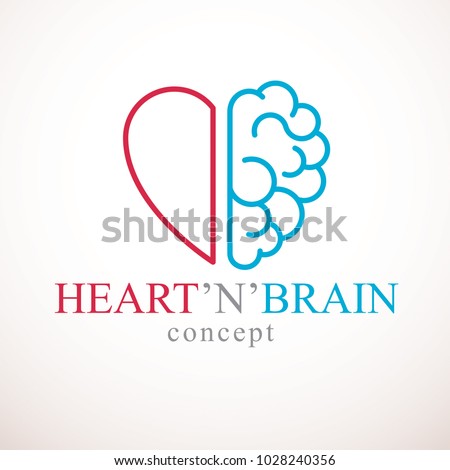 Heart and Brain concept, conflict between emotions and rational thinking, teamwork and balance between soul and intelligence. Vector logo or icon design.