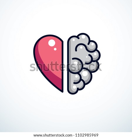 Heart and Brain concept, conflict between emotions and rational thinking, teamwork and balance between soul and intelligence. Vector logo or icon design.