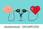 heart and brain connection, align your heart and brain, control feeling and emotion with logical thinking brain, man connect plug with heart to brain concept vector illustration with flat style design