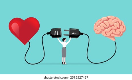 heart and brain connection, align your heart and brain, control feeling and emotion with logical thinking brain, woman connect plug with heart to brain concept vector illustration