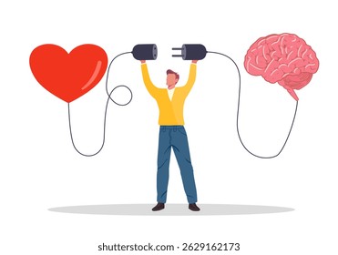 heart and brain connection, align your heart and brain, control feeling and emotion with logical thinking brain, man connect plug with heart to brain concept vector illustration with flat style design