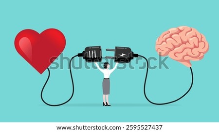 heart and brain connection, align your heart and brain, control feeling and emotion with logical thinking brain, woman connect plug with heart to brain concept vector illustration